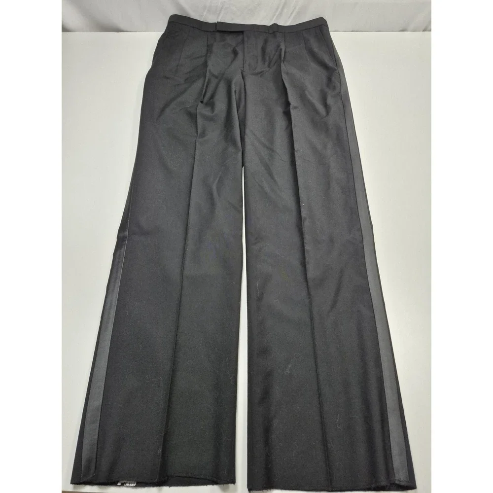 VTG Dress Pants Mens 42x36 Black Wool Pleated Tuxedo Side Stripe Unhemmed Formal